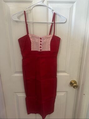 Red Spaghetti Strap Midi Dress with Pink Bust Panel